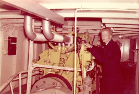 Machinekamer van de baggermolen aan het werk in Wedde. Ca. 1961.